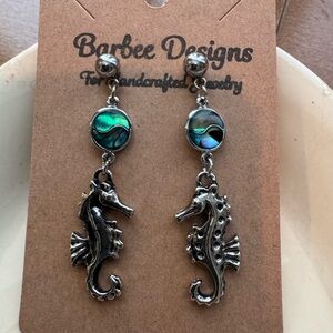 Silver Seahorse Earrings with Abalone Accents